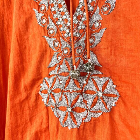 Taj by Sabrina Crippa Popover Blouse Top Orange Metallic Silver Embroidery SMALL - Picture 2 of 8